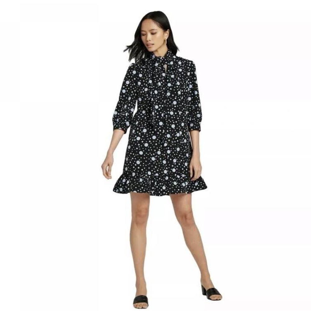 WhoWhatWear Navy Blue Pussybow Mini Dress with Light Blue Polkadost